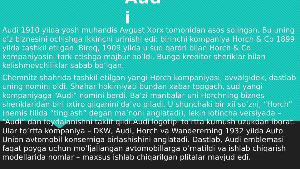 audi kompaniyasi, mashinasi