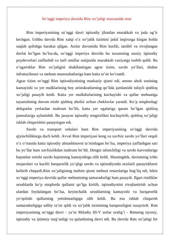 So’nggi impеriya davrida Rim xo’jaligi mavzusida esse  24
