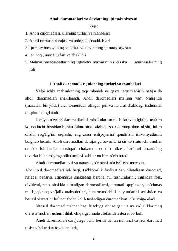 Aholi daromadlari va davlatning ijtimoiy siyosati