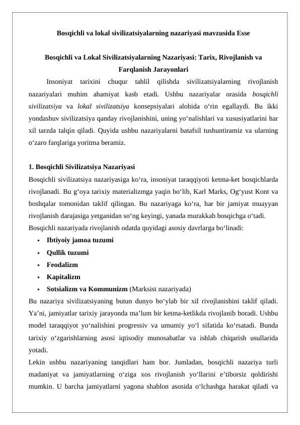 Bosqichli va lokal sivilizatsiyalarning nazariyasi mavzusida Esse 24