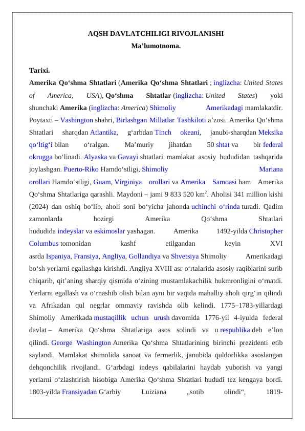 AQSH DAVLATCHILIGI RIVOJLANISHI Ma'lumotnoma
