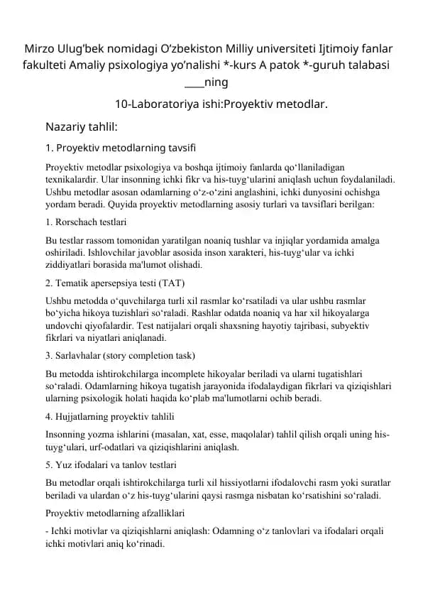 Proyektiv metodlar.
