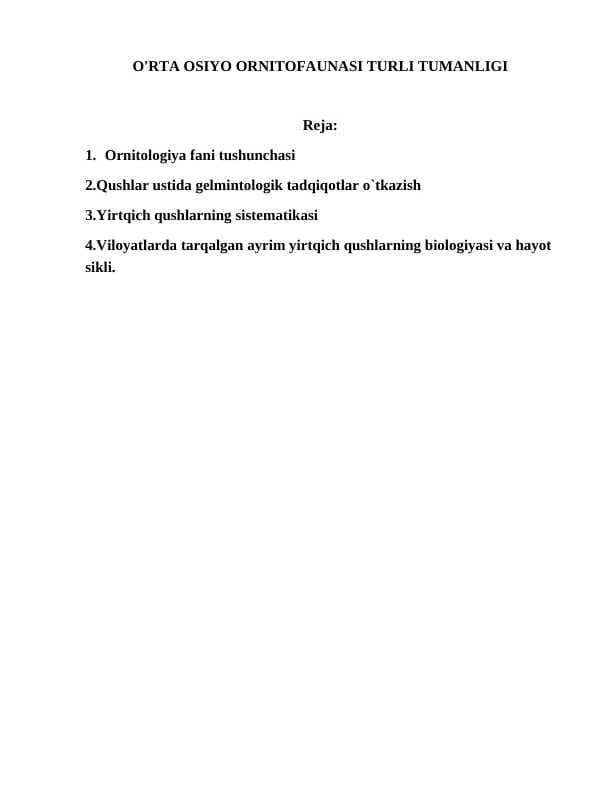 O'RTA OSIYO ORNITOFAUNASI TURLI TUMANLIGI