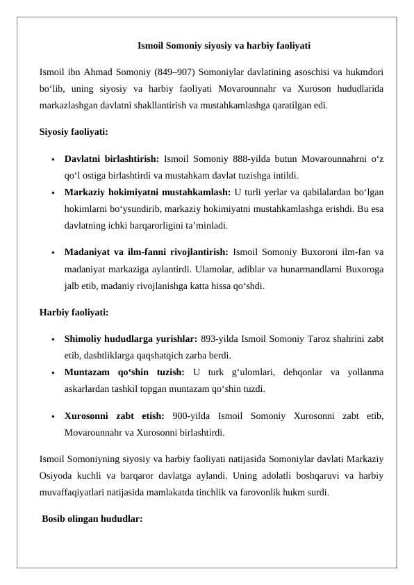 Ismoil Somoniy siyosiy va harbiy faoliyati 24