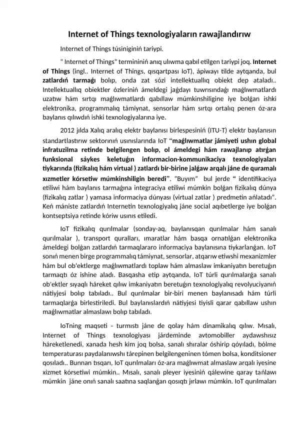 Internet of Things texnologiyaların rawajlandırıw