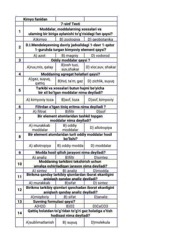 Kimyo 7-sinf test savollari javoblari bilan