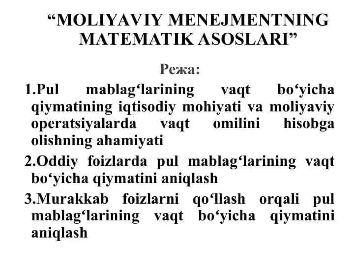 MOLIYAVIY MENEJMENTNING MATEMATIK ASOSLARI