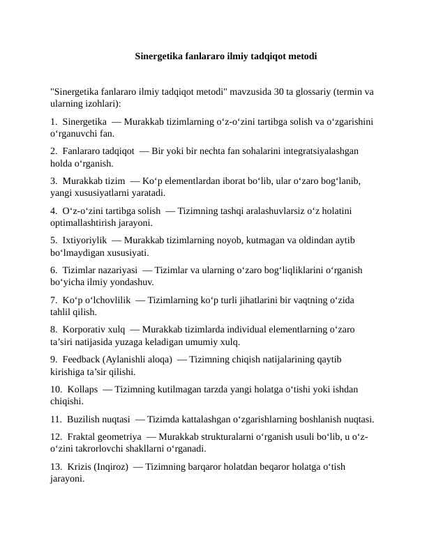 Sinergetika fanlararo ilmiy tadqiqot metodi 1