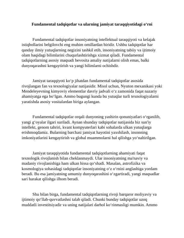 Fundamental tadqiqotlar va ularning jamiyat taraqqiyotidagi o‘rni 1 Esse