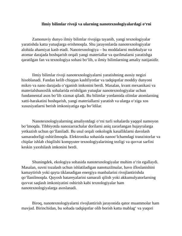 Ilmiy bilimlar rivoji va ularning nanotexnologiyalardagi о‘rni 3 Esse