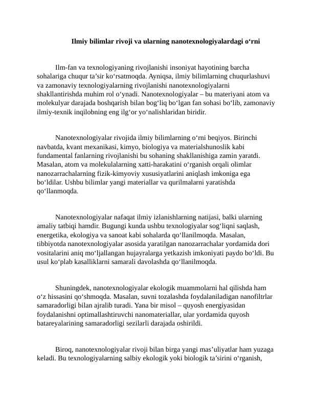 Ilmiy bilimlar rivoji va ularning nanotexnologiyalardagi о‘rni 4 Esse