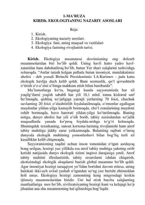 EKOLOGIYaNING NAZARIY ASOSLARI
