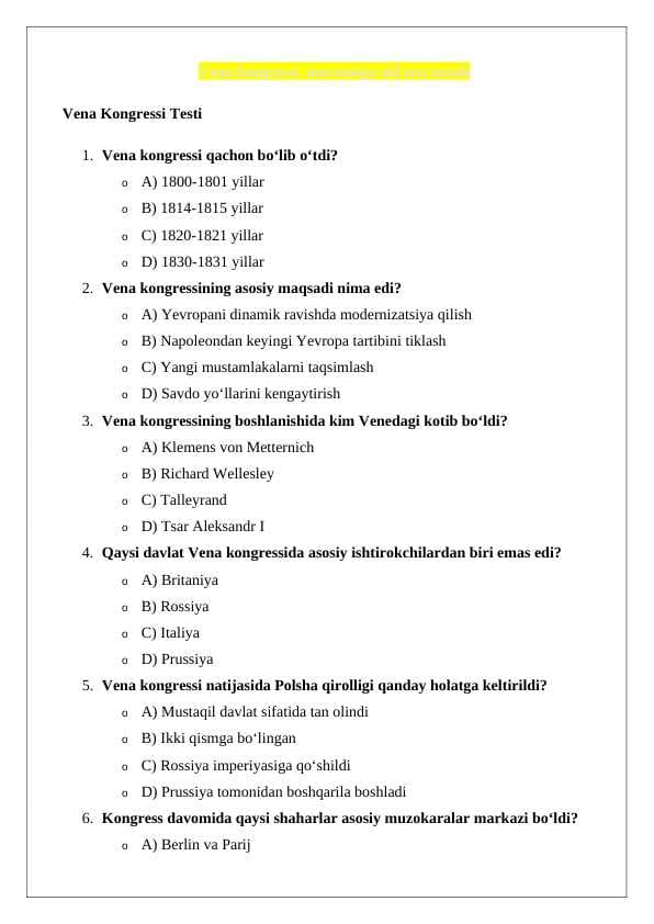 Vena kongressi  mavzusiga oid test tuzish  24