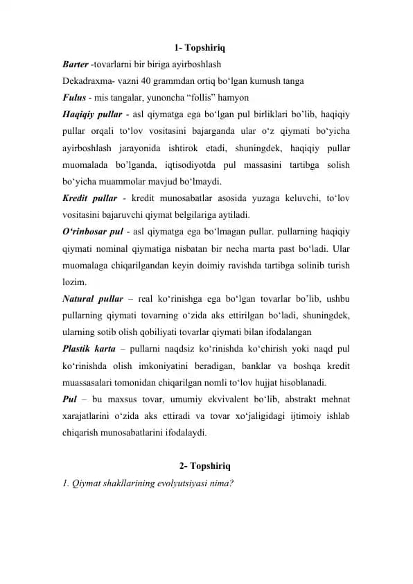 Barter - tovarlarni bir biriga ayirboshlash