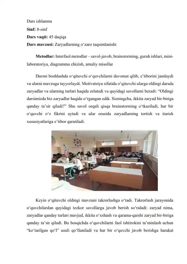 8 sinf fizika darsida Zaryadlarning o‘zaro taqsimlanishi mavzusida dars ishlanman