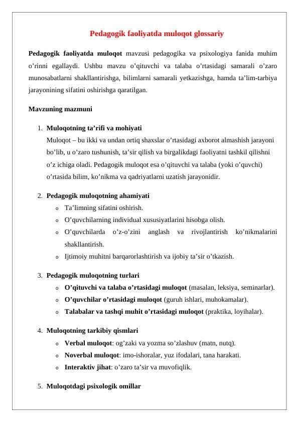 Pedagogik faoliyatda muloqot glossariy glossariy
