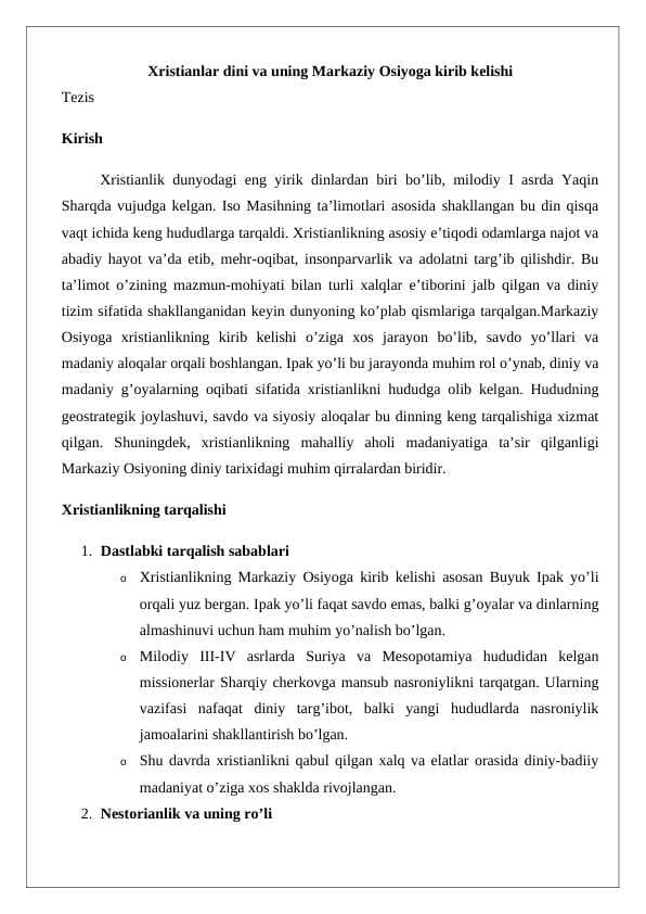 Xristianlar dini va uning Markaziy Osiyoga kirib kelishi