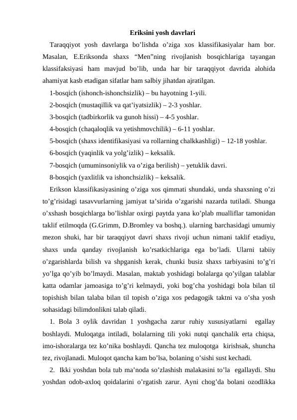 Eriksini yosh davrlari