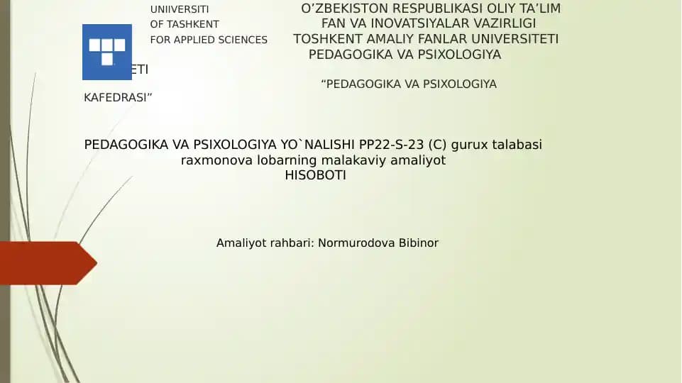 Guruxtalaba Siraxmonova Lobarning Malakaviy Amaliyoti Hisoboti