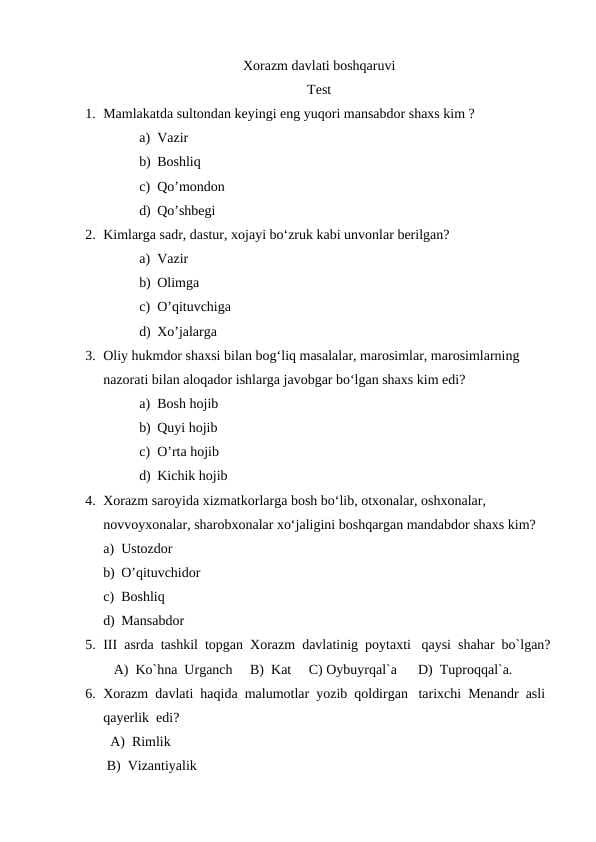 Xorazm davlati boshqaruvi test