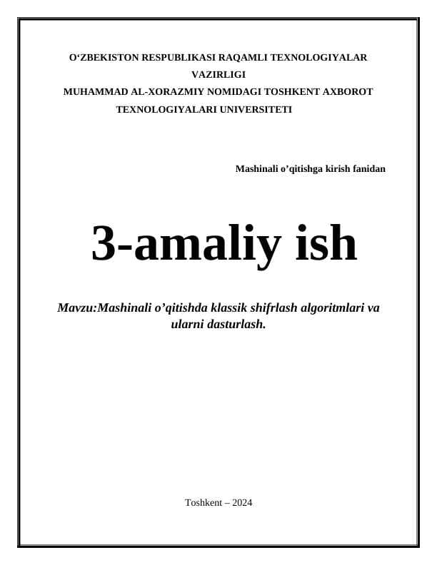 Mashinali o’qitishda klassik shifrlash algoritmlari va ularni dasturlash