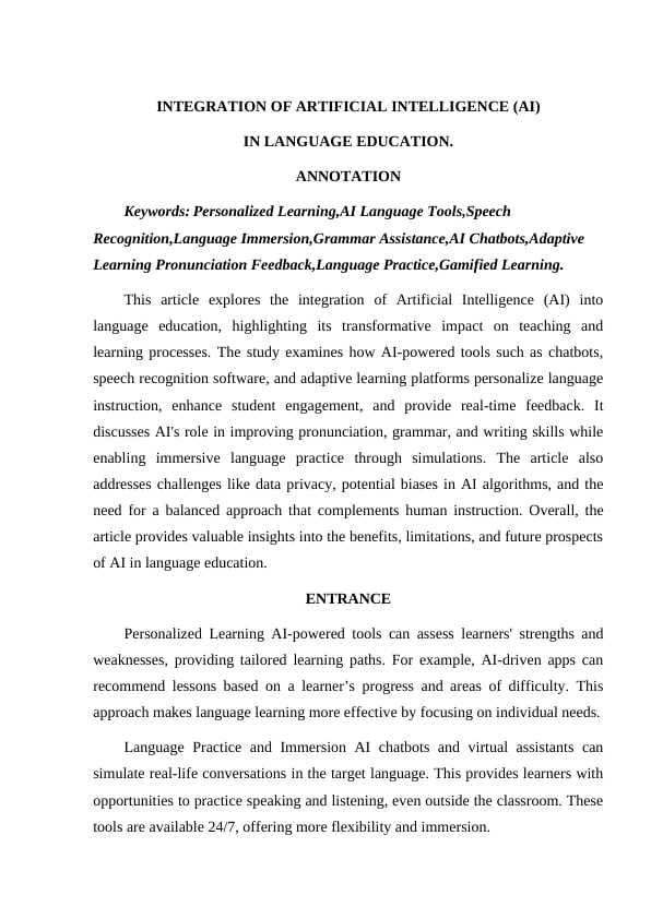 INTEGRATION OF ARTIFICIAL INTELLIGENCE (AI) IN LANGUAGE EDUCATION.