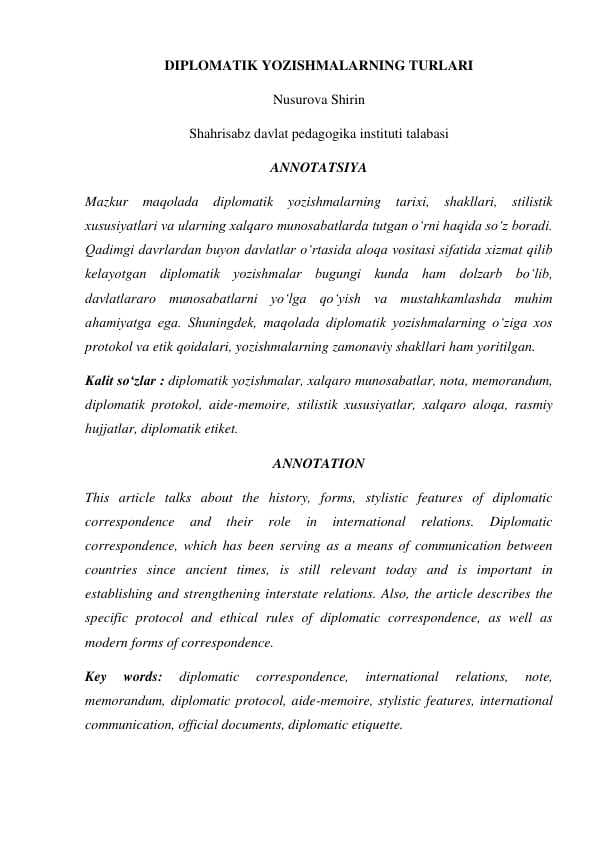 DIPLOMATIK YOZISHMALARNING TURLARI