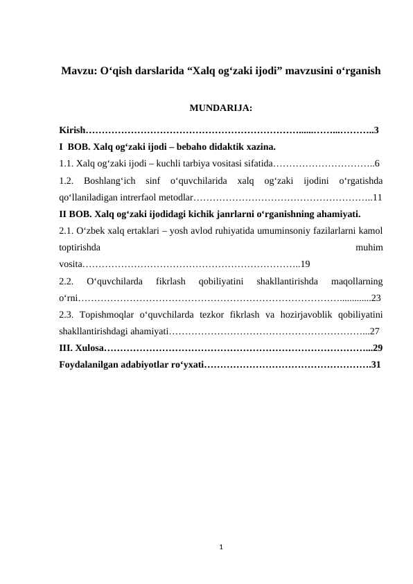 O‘qish darslarida “Xalq og‘zaki ijodi” mavzusini o‘rganish