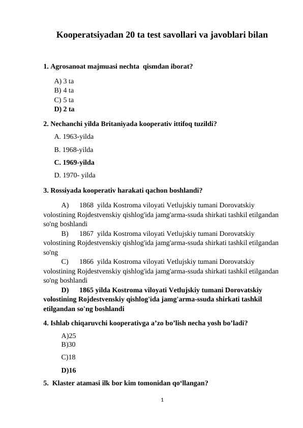 Kooperatsiyadan 20 ta test