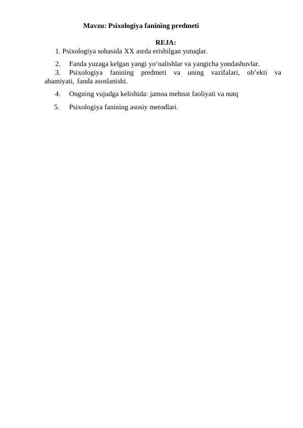 Psixologiya fanining predmeti
