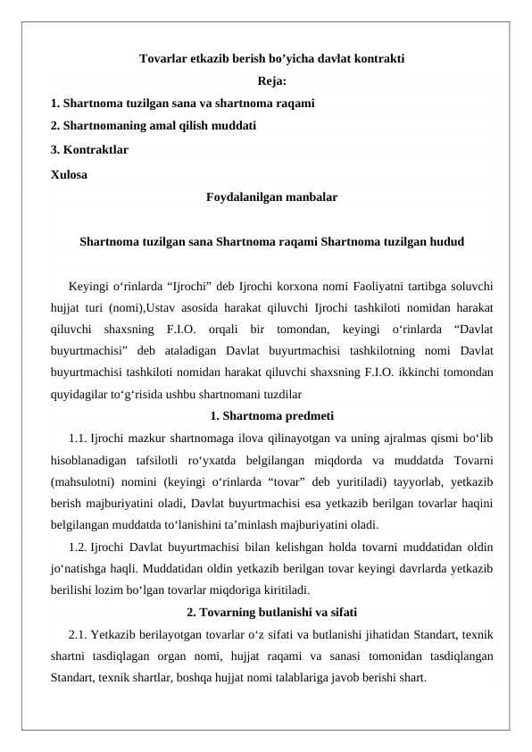 tovarlar yetkazib berish bo'yicha davlat kontrakti