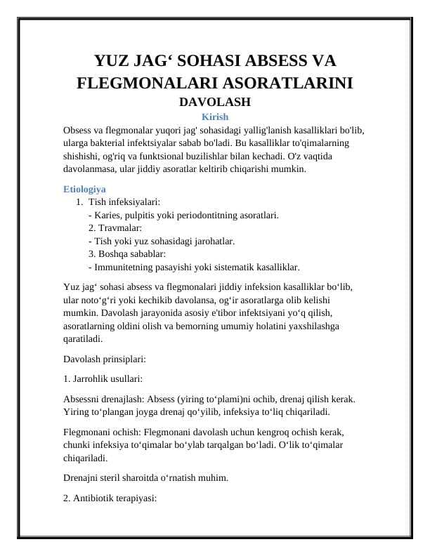 YUZ JAG‘ SOHASI ABSESS VA FLEGMONALARI ASORATLARINI DAVOLASH