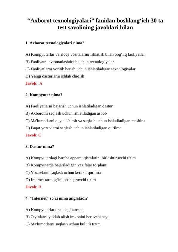 “Axborot texnologiyalari” fanidan boshlangʻich 30 ta test savolining javoblari bilan