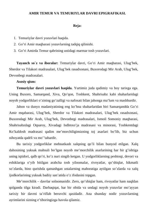 AMIR TEMUR VA ТЕMURIYLАR DАVRI EPIGRАFIKАSI.