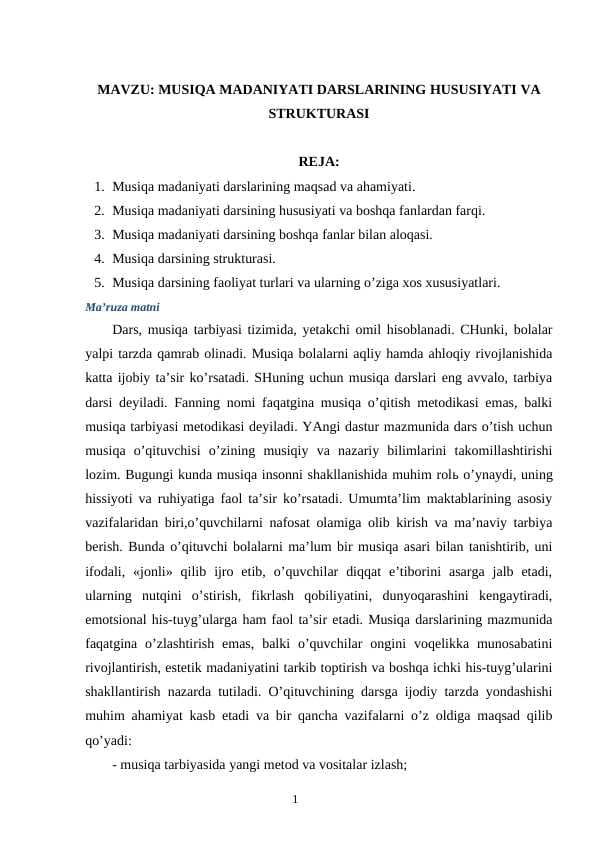 MUSIQA MADANIYATI DARSLARINING HUSUSIYATI VA STRUKTURASI
