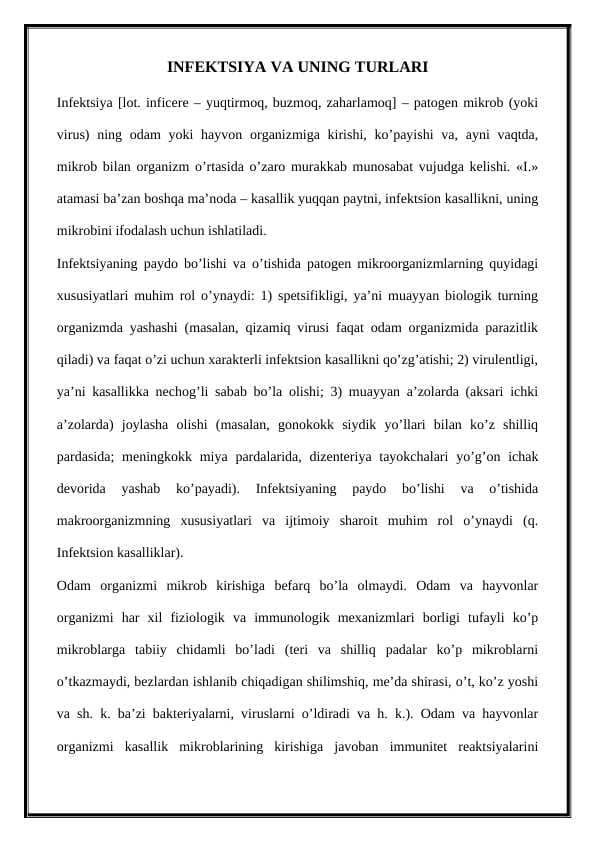 INFEKTSIYA VA UNING TURLARI
