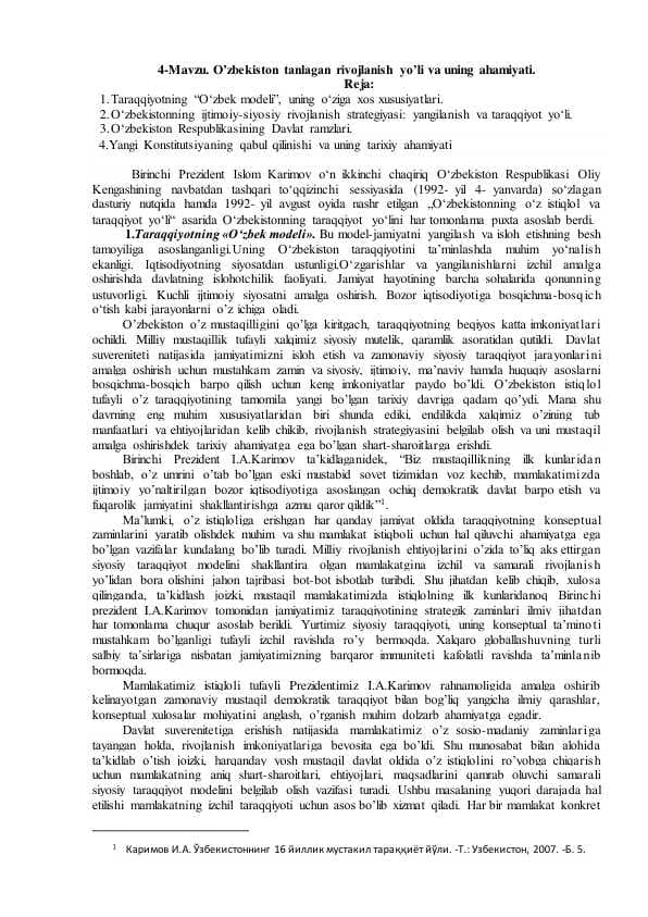 O’zbekiston tanlagan rivojlanish yo’li va uning ahamiyati