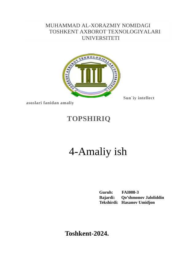 Neyron tarmoq asosida regressiya masalalarini yechish modelini ishlab chiqish.