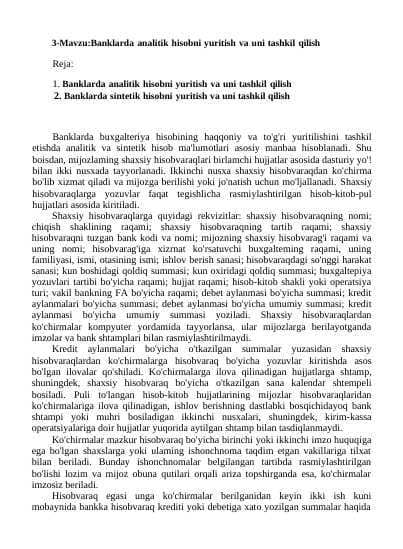 Banklarda analitik hisobni yuritish va uni tashkil qilish