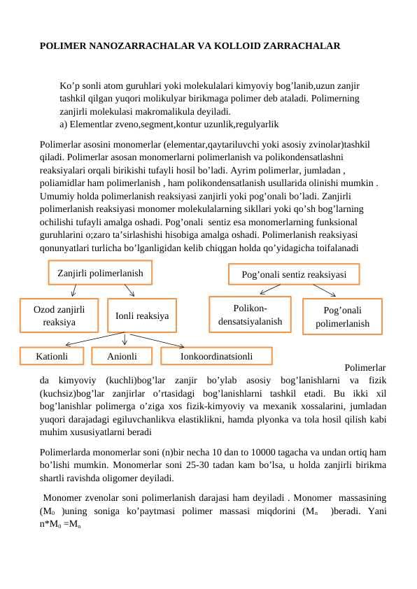 POLIMER NANOZARRACHALAR VA KOLLOID ZARRACHALAR