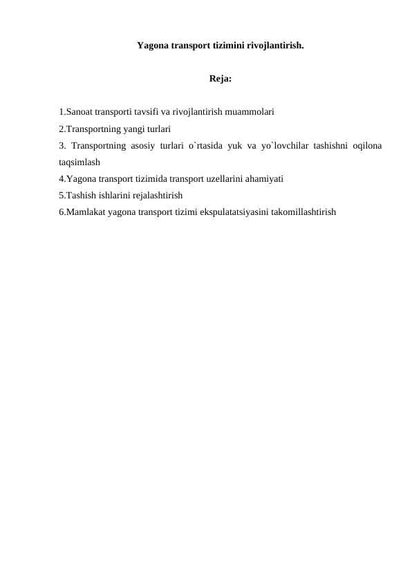 Yagona transport tizimini rivojlantirish
