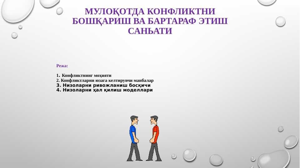 Мулоқотда конфликтни БОШҚАРИШ ВА БАРТАРАФ ЭТИШ САНЬАТИ
