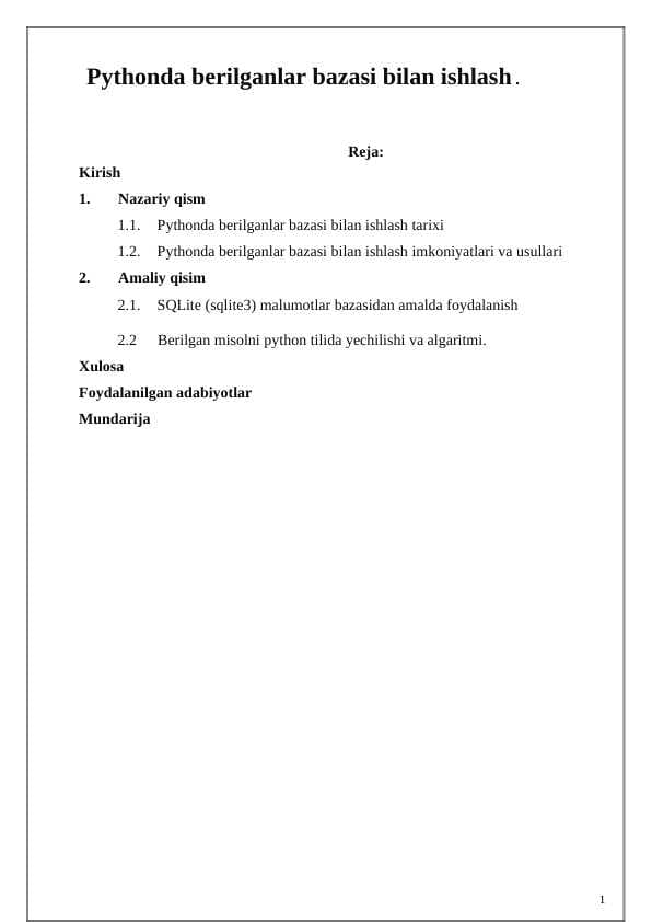 Kurs ishi python Berilganlar bazasi bilan ishlash.