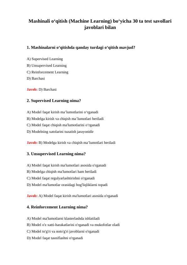 Mashinali oʻqitish (Machine Learning) boʻyicha 30 ta test savollari javoblari bilan