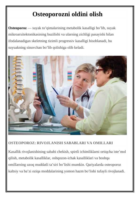 Osteoporozni oldini olish