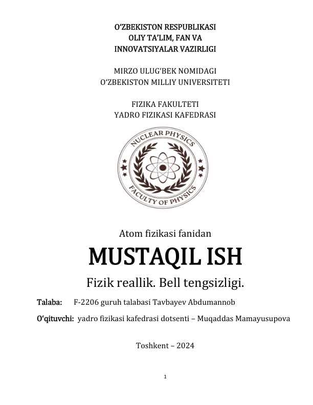 Fizik reallik. Bell tengsizligi