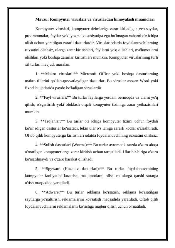Kompyuter viruslari va viruslardan himoyalash muamolari