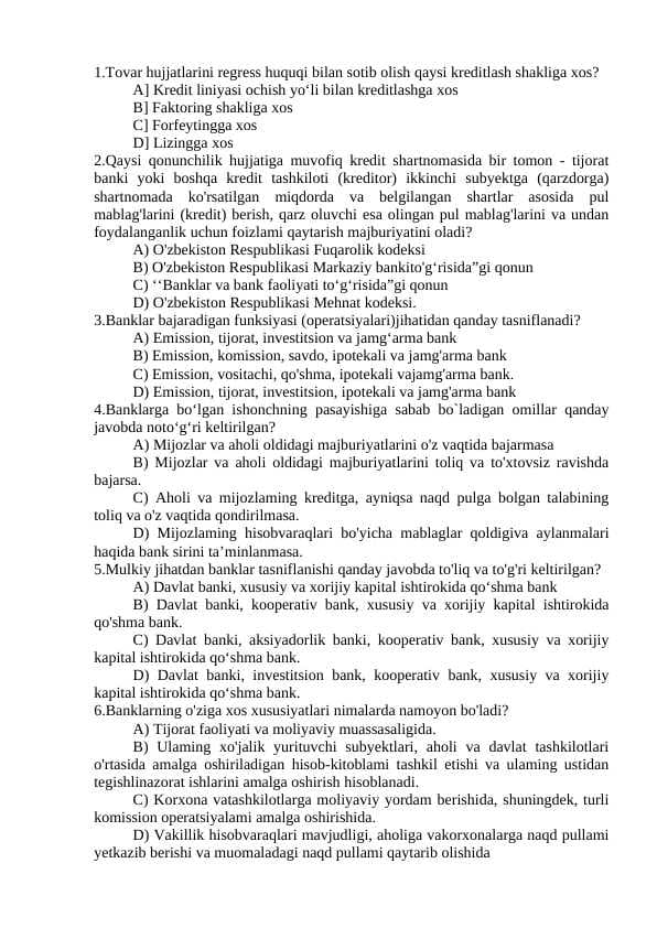 Bank faoliyati[monetar siyosat] bo'yicha 20 talik test va 10 talik krasvord javoblari bilan