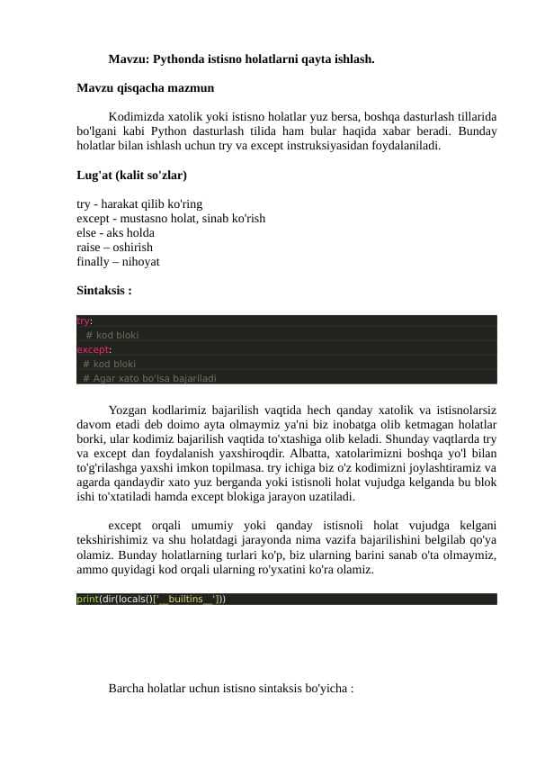 Pythonda istisno holatlarni qayta ishlash