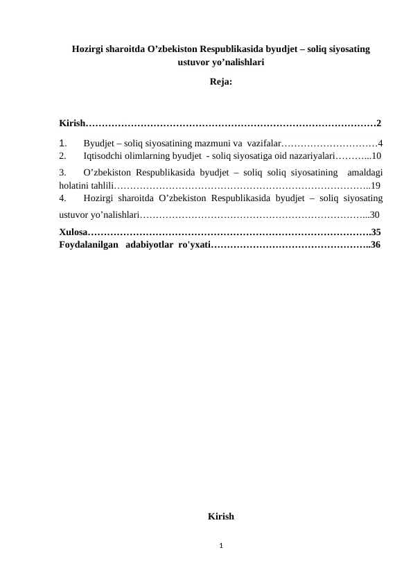 Hozirgi sharoitda O’zbekiston Respublikasida byudjet – soliq siyosating ustuvor yo’nalishlari